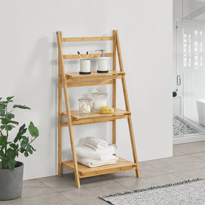 Free Standing 3 Layers Bamboo Wooden Ladder Storage Rack Organizer Display Shelf for Kitchen Bathroom Office