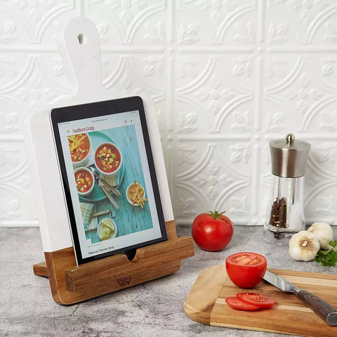 Marble Acacia Wood Cutting Board Cookbook Holder Charcuterie Board White Marble Cheese Board