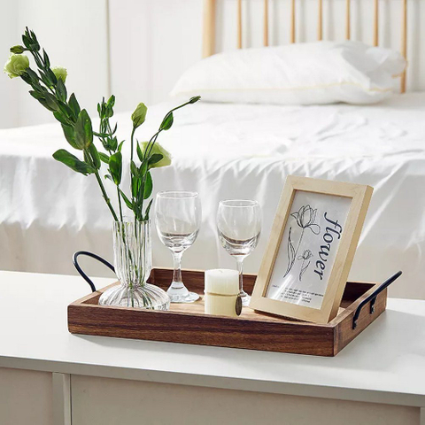 Custom Acacia Wooden Serving Tray with Metal Handles for Breakfast Cake Coffee Food