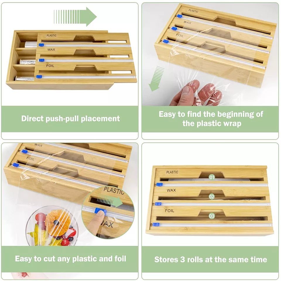 Hot-Sale Wholesale Bamboo 3 in 1 Plastic Wrap Foil Wax Storage Organizer with Removable Front Cover for Kitchen