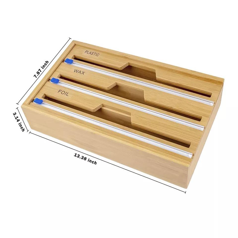 Hot-Sale Wholesale Bamboo 3 in 1 Plastic Wrap Foil Wax Storage Organizer with Removable Front Cover for Kitchen