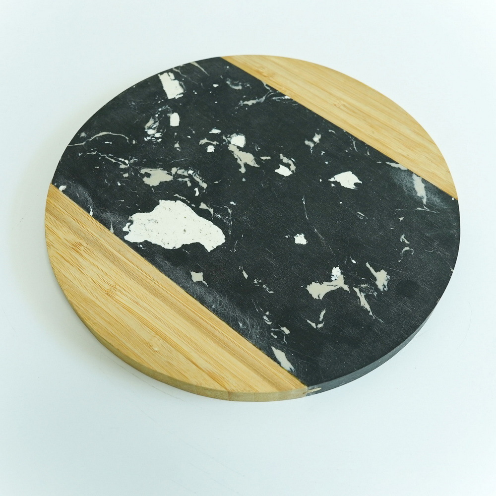 Round Bamboo Cutting Board Cheese Board with Black Marble in The Middle