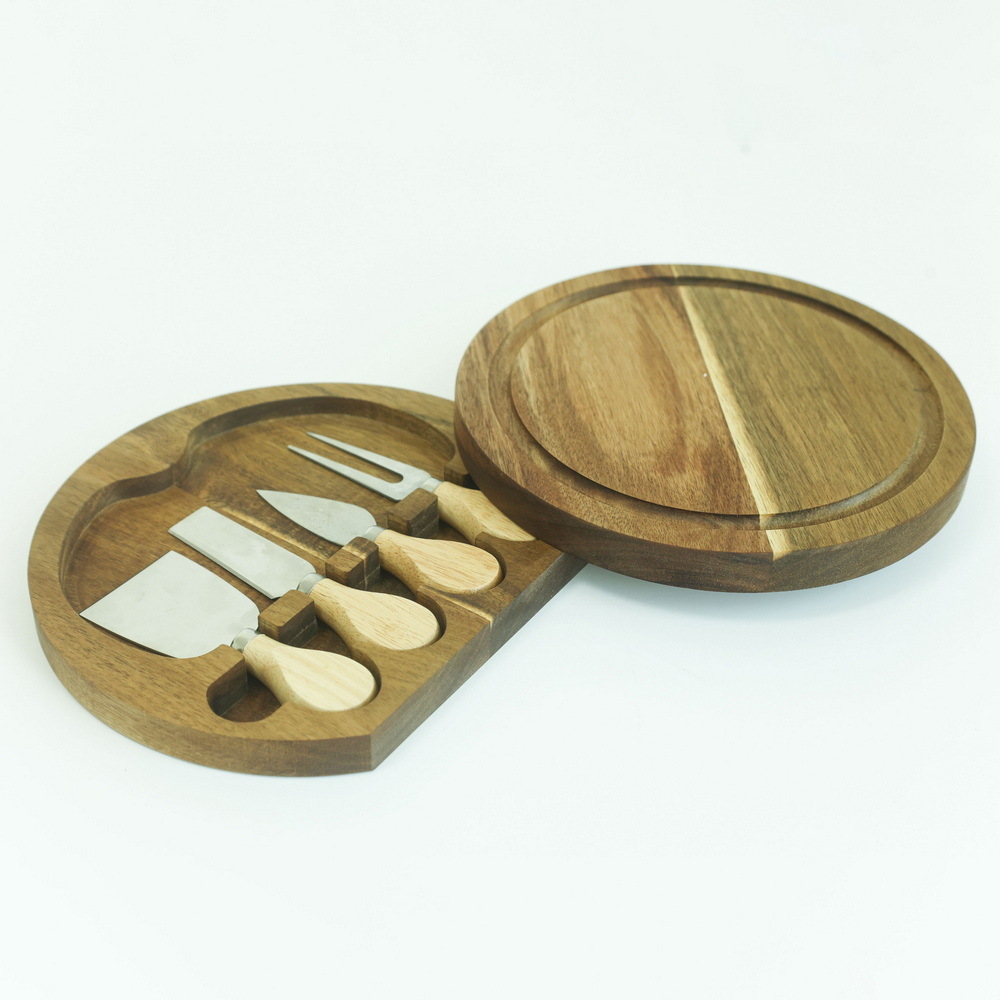 Swivel Small Round Wooden Cheese Board Charcuterie Board with 4 Knives