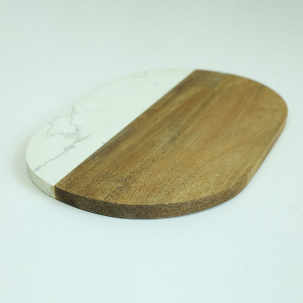 Oval Shape Acacia Wood and White Marble Cutting Board Cheese Board Serving Board