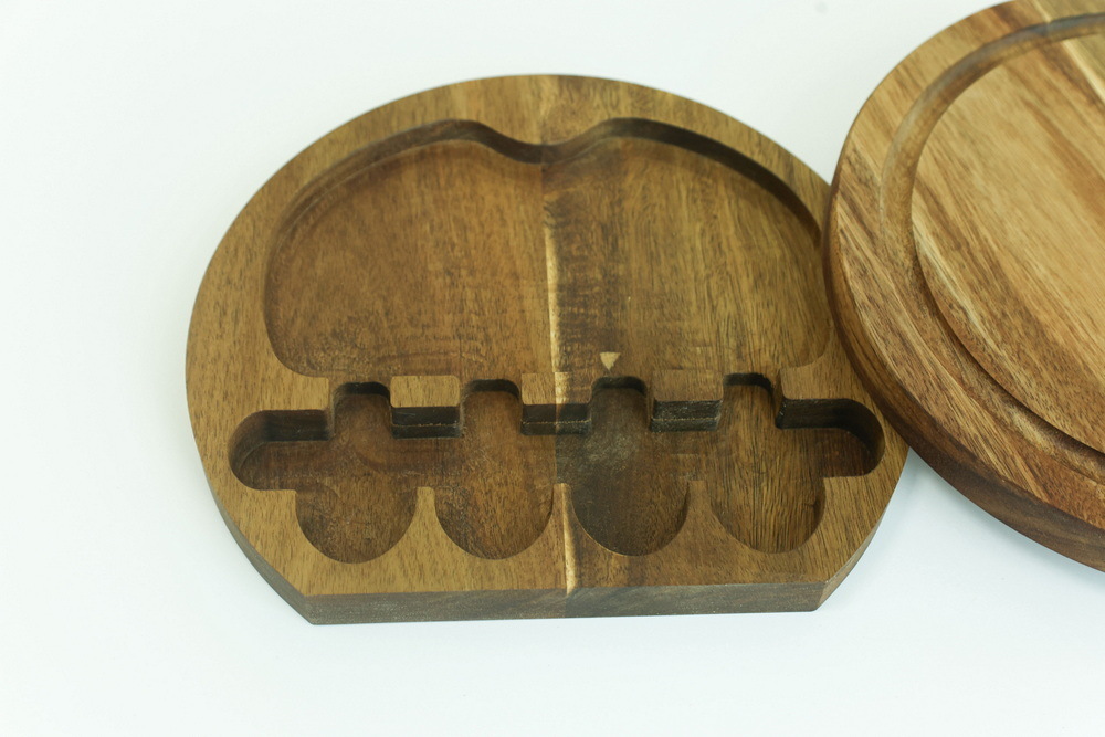 Swivel Small Round Wooden Cheese Board Charcuterie Board with 4 Knives