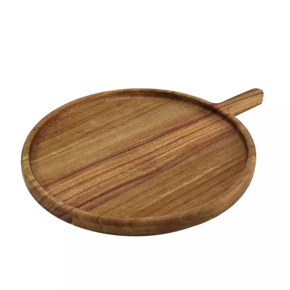 Custom Logo Round Shape Acacia Wood Serving Plate Serving Tray with Handle for Food Snack Dry Fruit
