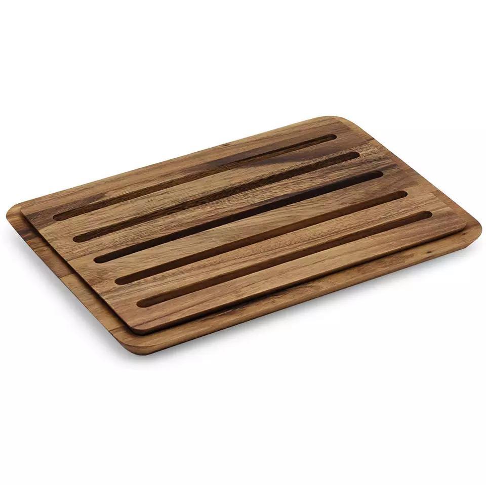 Conveniently Simple Acacia Wood Bread Board with Crumb Catcher Tray