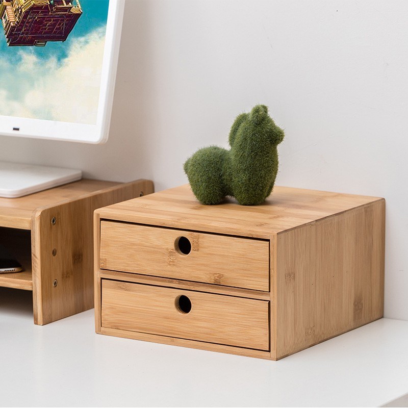 Desktop Storage Wooden Box Bamboo and Wood Pull-out Home Office Drawer Desk Storage Cabinet Shelf Wooden Box