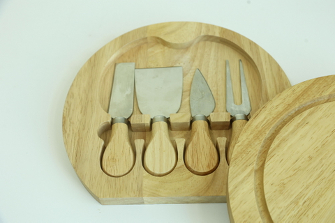 Round Shape Rubber Wood Cheese Board Wood Charcuterie Board Set