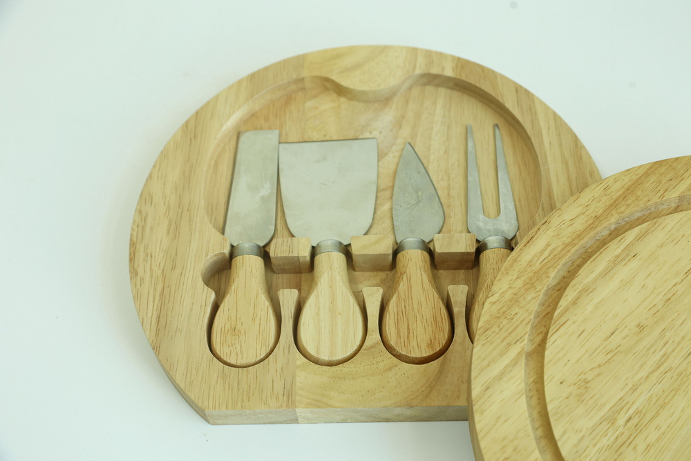 Round Shape Rubber Wood Cheese Board Wood Charcuterie Board Set