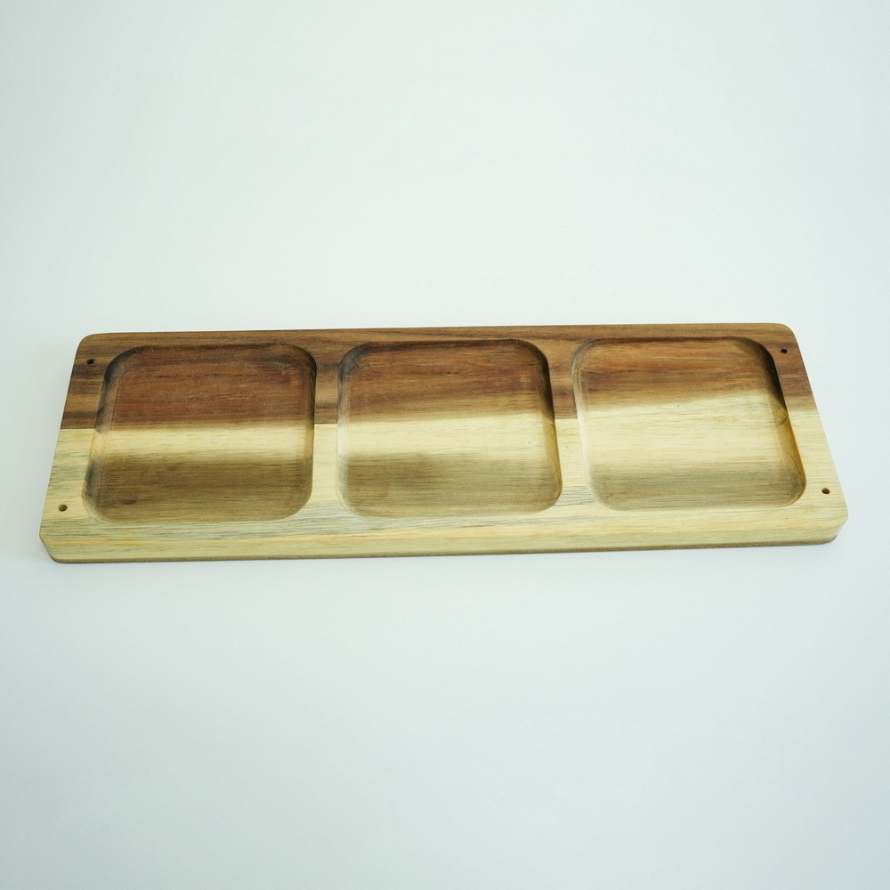 Three Compartments Divided Wooden Serving Dish Sauce Dish