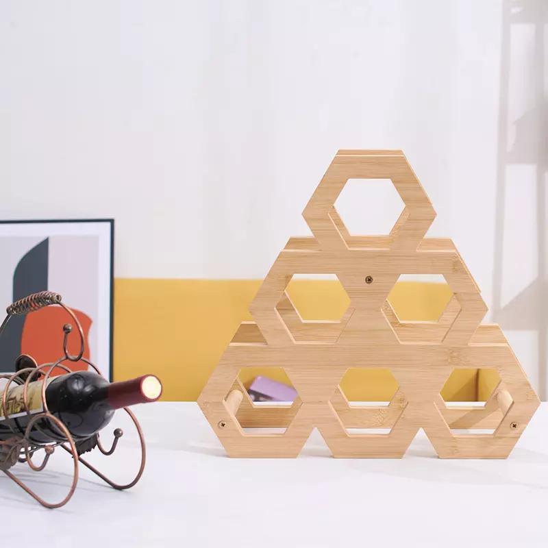 Countertop Honeycomb Hexagon Geometry Shape Bamboo Wine Bottle Display Shelf Holder Rack