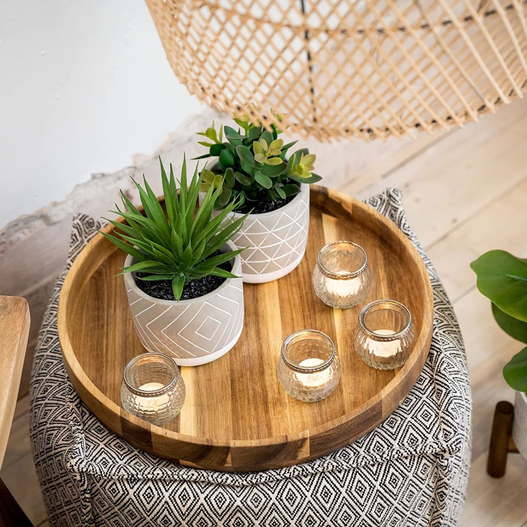 Decorative 15.7′ ′ Round Acacia Wood Serving Tray Coffee Table Tray