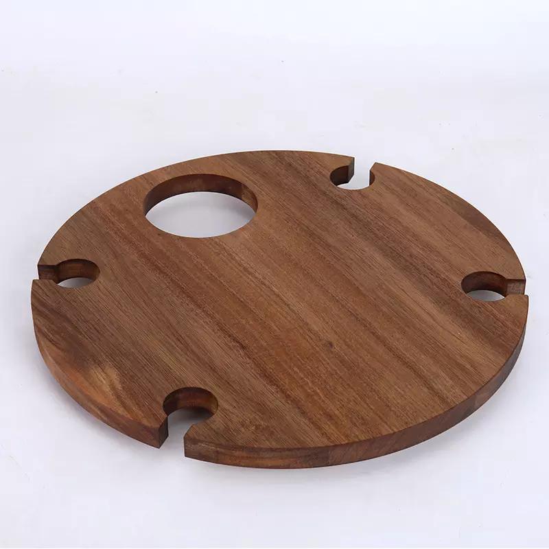 Portable Solid Acacia Wooden Round Wine Outdoor Folding Picnic Table with 4 Wine Glass Holder
