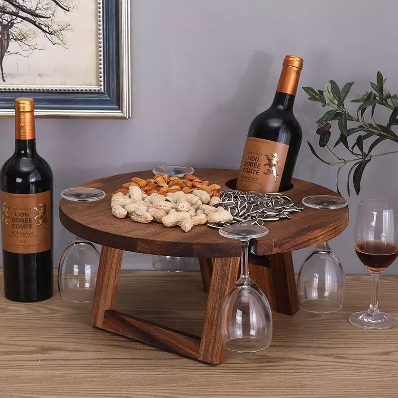 Portable Solid Acacia Wooden Round Wine Outdoor Folding Picnic Table with 4 Wine Glass Holder