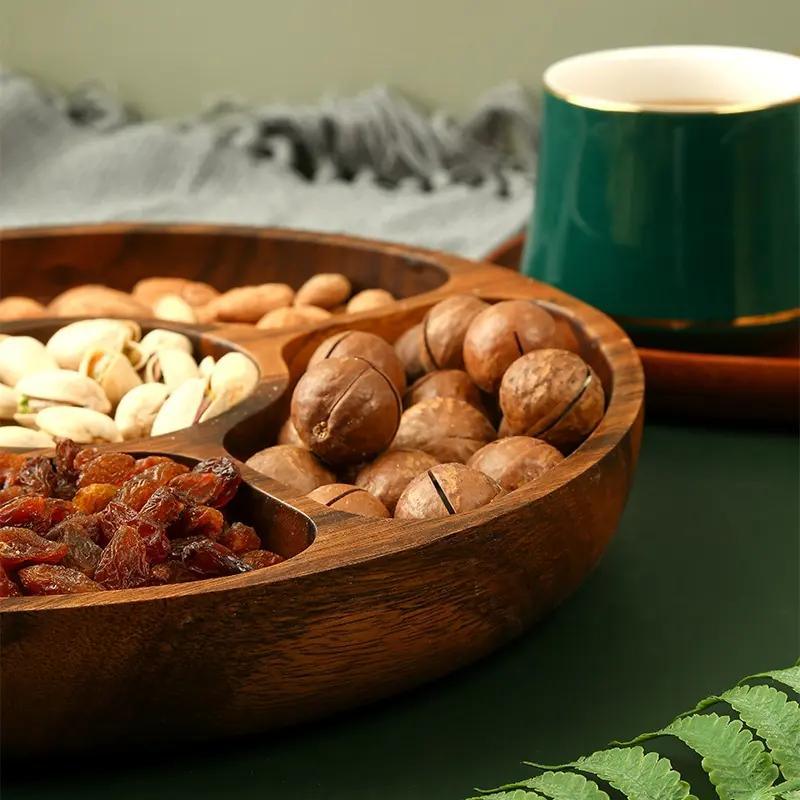 Round Acacia Wooden Nuts Fruit Snack Appetizer Serving Tray Plate Dish with Divided 5 Compartments