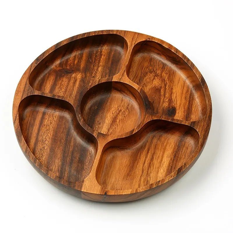 Round Acacia Wooden Nuts Fruit Snack Appetizer Serving Tray Plate Dish with Divided 5 Compartments