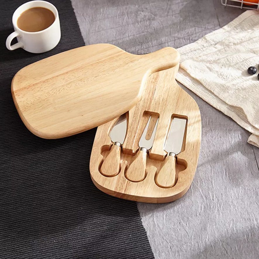 Rubber Wood Swiveling Charcuterie Cheese Serving Board with 3 Piece Knives Set