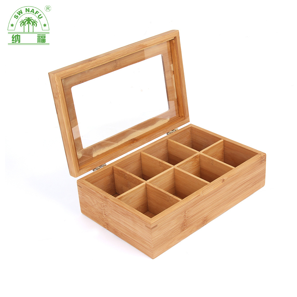 Custom Quality 8 Compartment Bamboo Tea Box and Tea Bag Organizer for Home or Company
