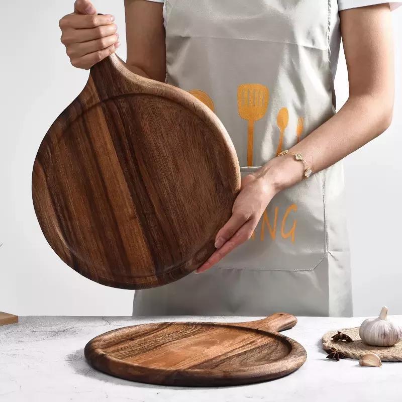 Round Acacia Wood Pizza Cutting Board with Handle
