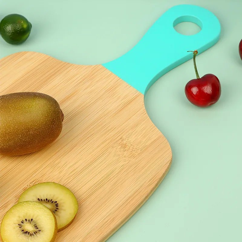 Bamboo Paddle Shape Cutting Board Chopping Blocks with Color Handle for Wholesale