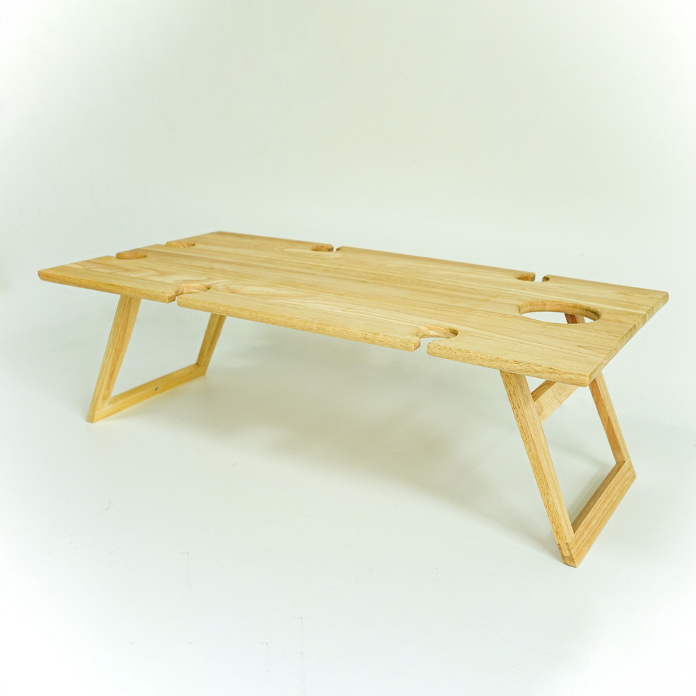 Rectangular Wood Collapsible Snack Portable Table Wood Folding Picnic Table with Wine Holder and Wine Glass Holder