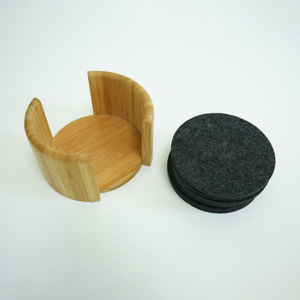 Round Felt Drink Coasters Felt Tea Cup Coasters Felt Coaster Set with Bamboo Holder