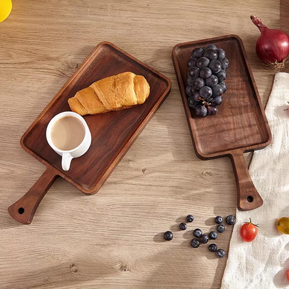 Rectangle Shape Black Walnut Wood Serving Tray with Handle for Food