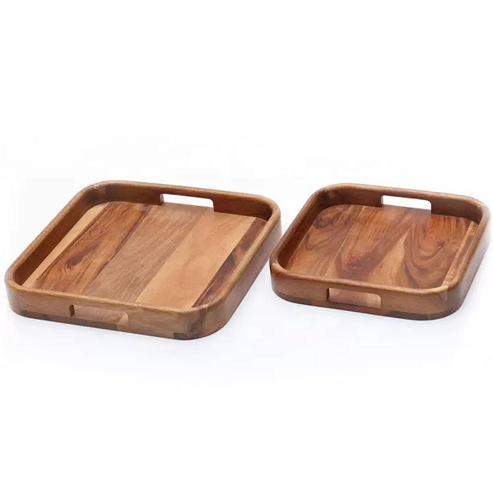 High Quality Square Natural Acacia Wood Serving Tray for Food Fruit Coffee Snack