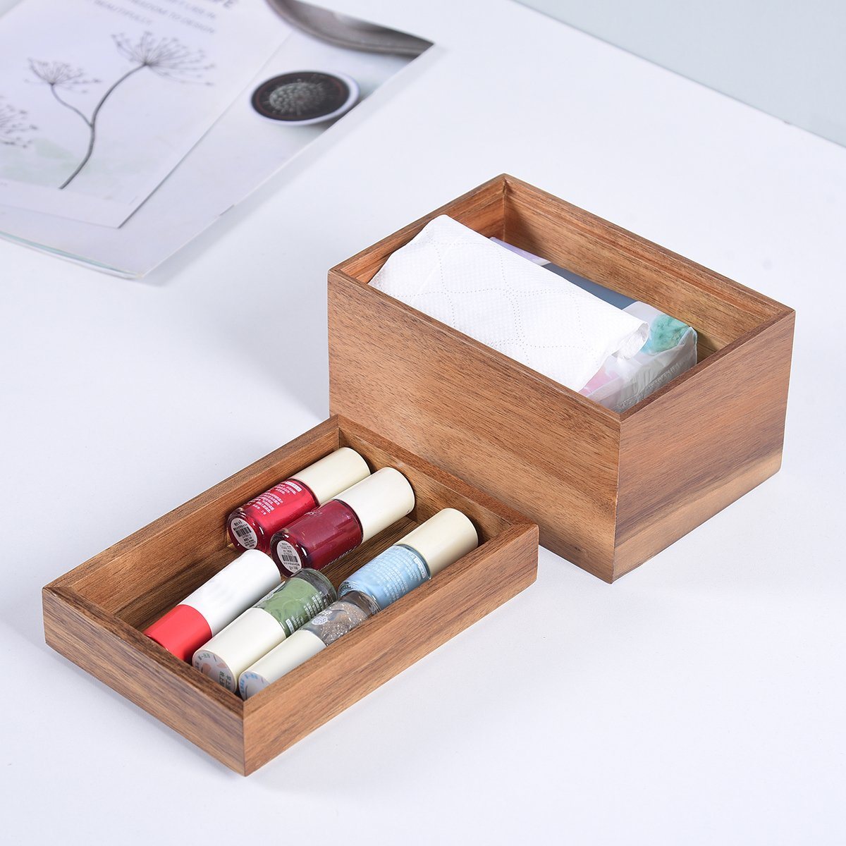 Custom 2 Layer Wood Storage Box Bamboo Desktop Organizer