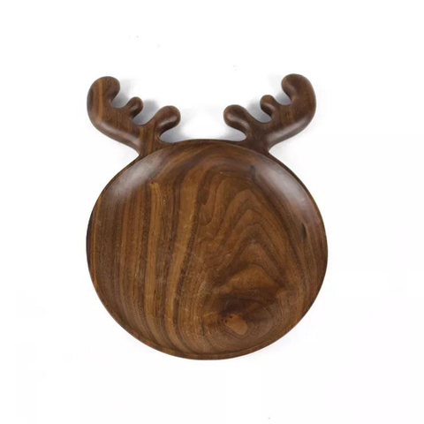 Christmas Cartoon Black Walnut Wooden Round Shape Fruit Candy Food Plate Serving Tray