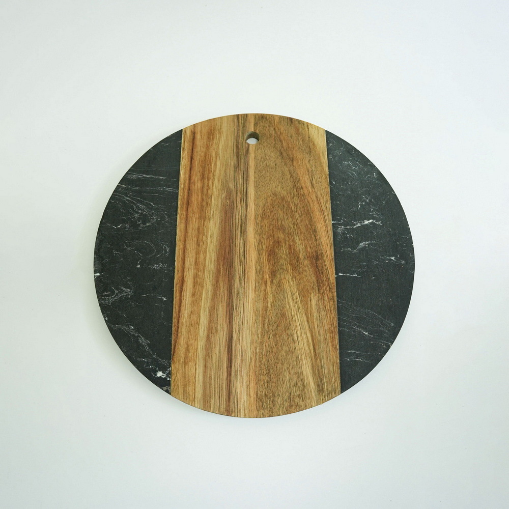 Multifunctional Round Shape Black Marble and Acacia Wood Cutting Board Chopping Board for Kitchen