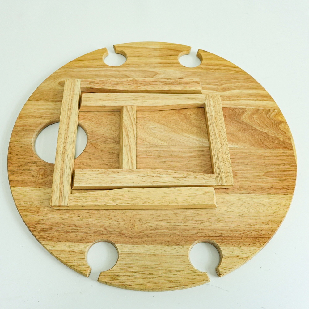 Natural Round Wood Picnic Table with 4 Bottle Rack Wine Glass Holder and Wine Table