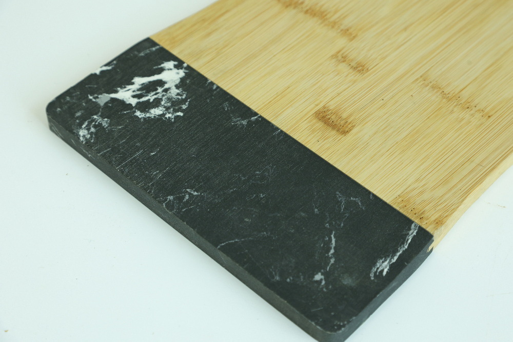Paddle Shape Black Marble and Bamboo Serving Board Serving Tray for Cheese / Charcuterie / Bread