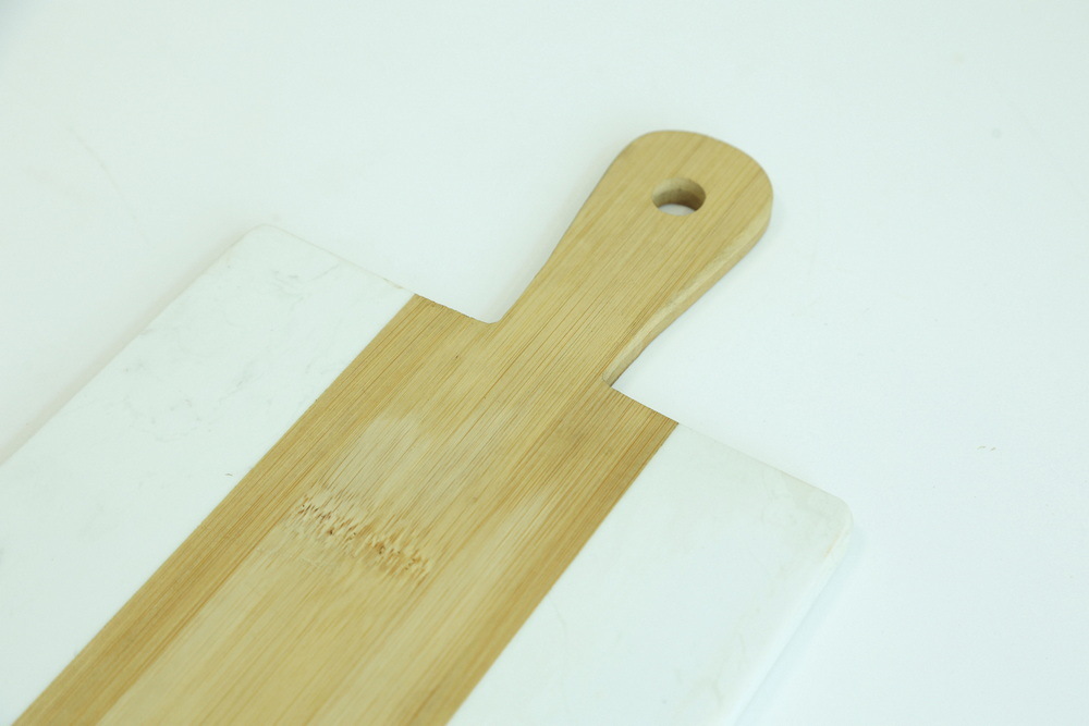 Bamboo and White Marble Cheese Cutting Board Serving Board with Wood Handle