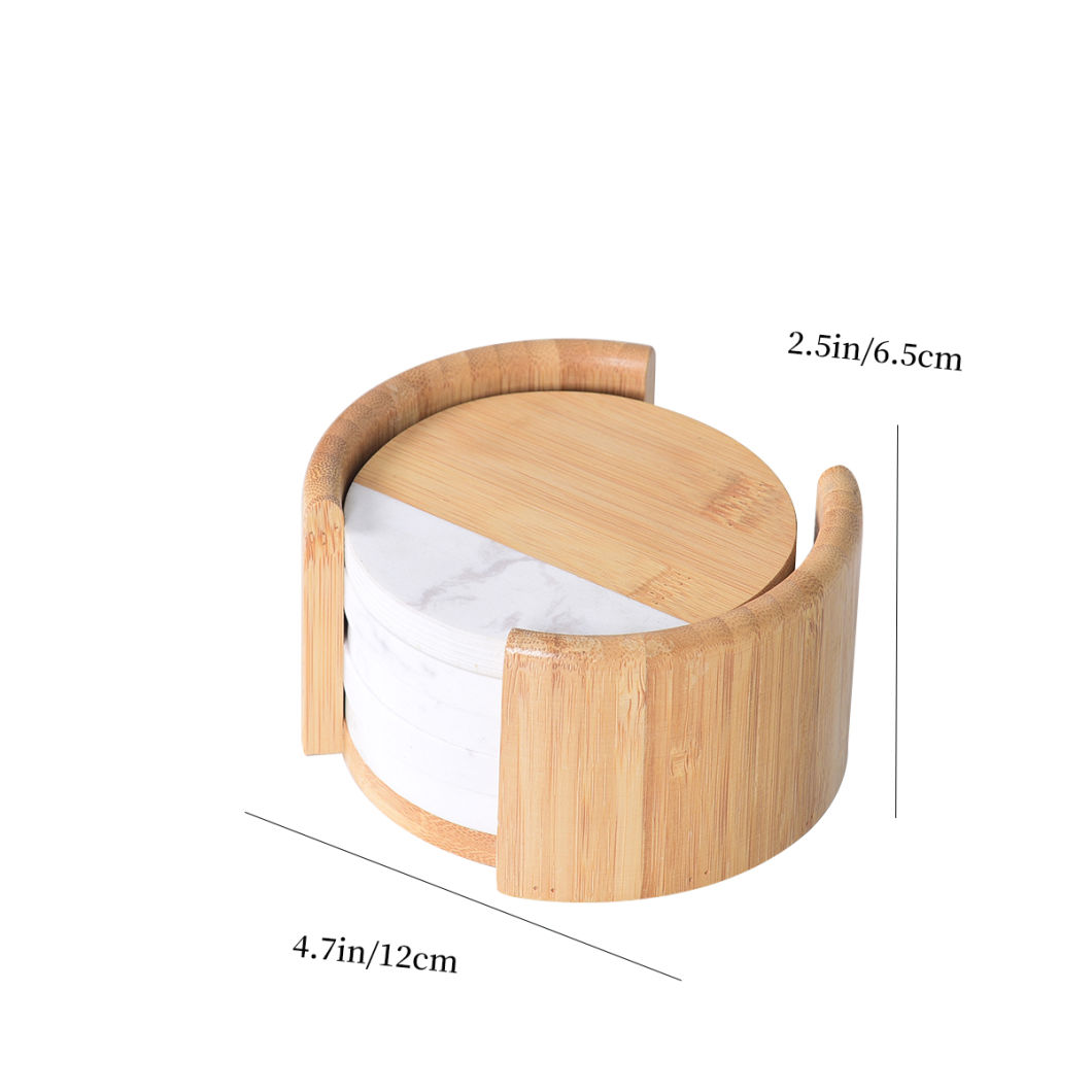 Modern and Natural White Marble and Wood Coaster with Holder