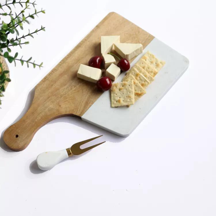 Rectangular Acacia Wood and Marble Cutting Board with Handle Charcuterie Chopping Board Party Plate Tray Bread Board