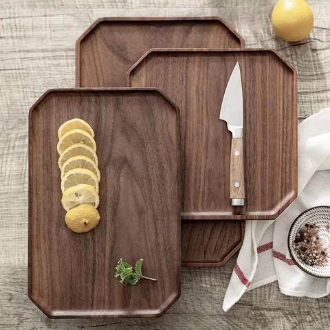 Octagon Black Walnut Wooden Organizer Storage Serving Tray for Food Snack