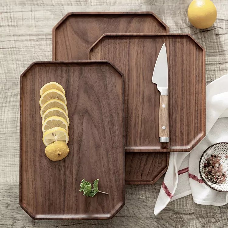 Octagon Black Walnut Wooden Organizer Storage Serving Tray for Food Snack