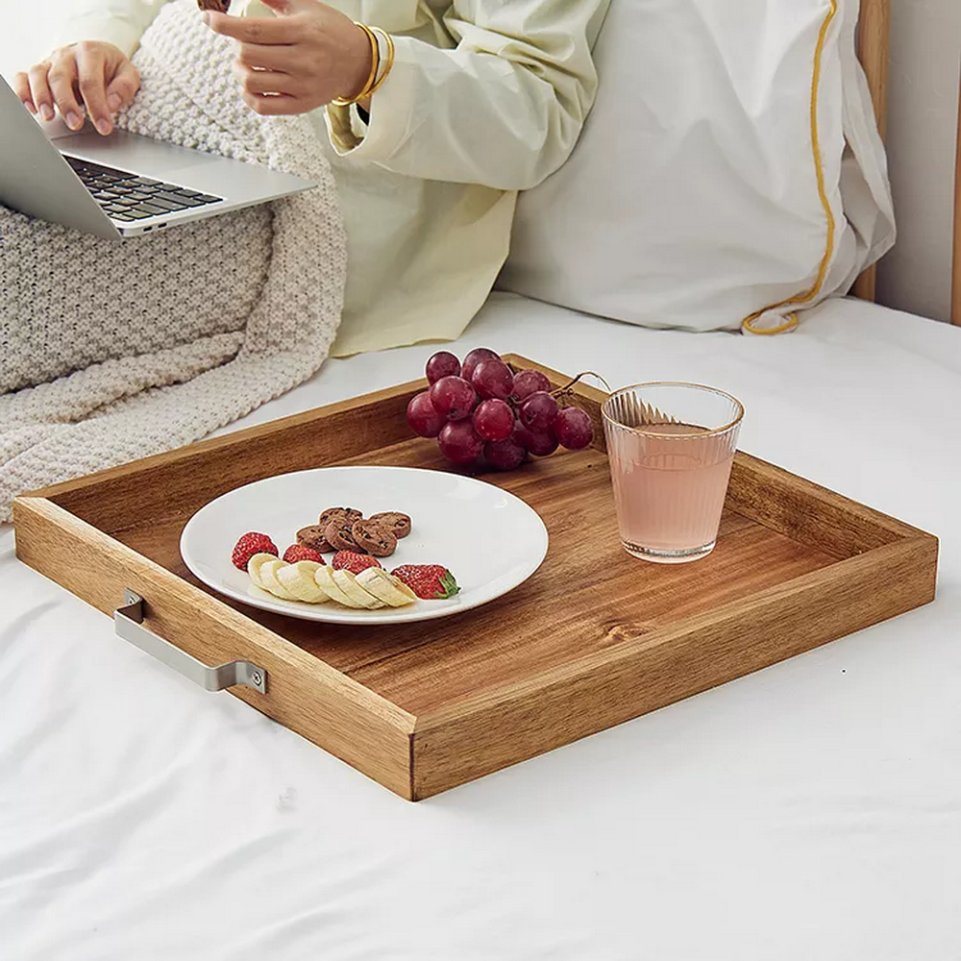 Acacia Wood Serving Tray with Metal Handles for Food Breakfast Coffee Cake