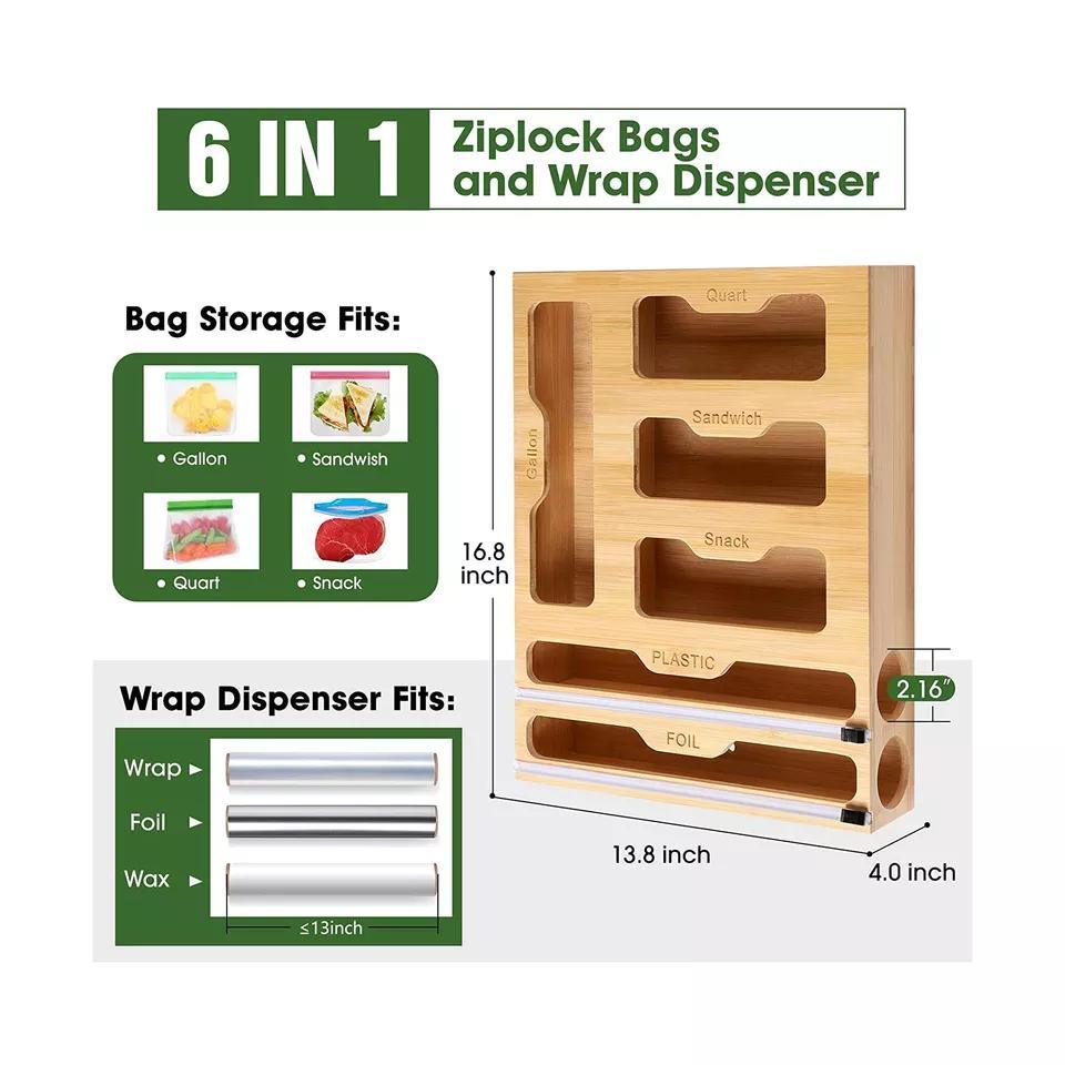 Eco-Friendly Bamboo 6 in 1 Wrap Dispenser with Cutter Suitable for Gallon Quart Sandwich Snack Bag Cling Film Foil etc