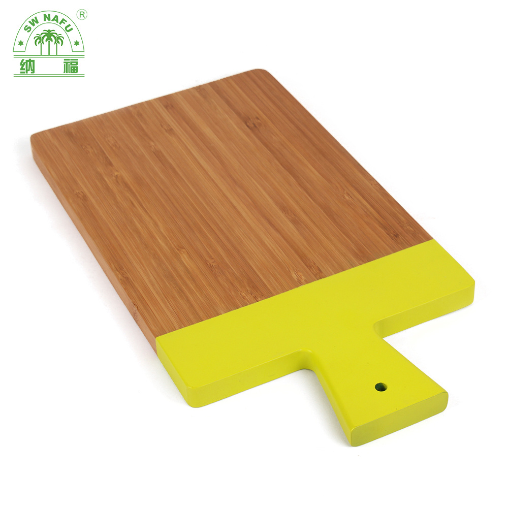Unique Design Paddle Shape Thick Color Coding Bamboo Pizza Cheese Cutting Board with Handle