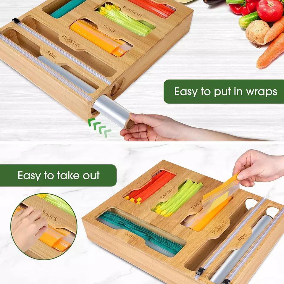 Eco-Friendly Bamboo 6 in 1 Wrap Dispenser with Cutter Suitable for Gallon Quart Sandwich Snack Bag Cling Film Foil etc