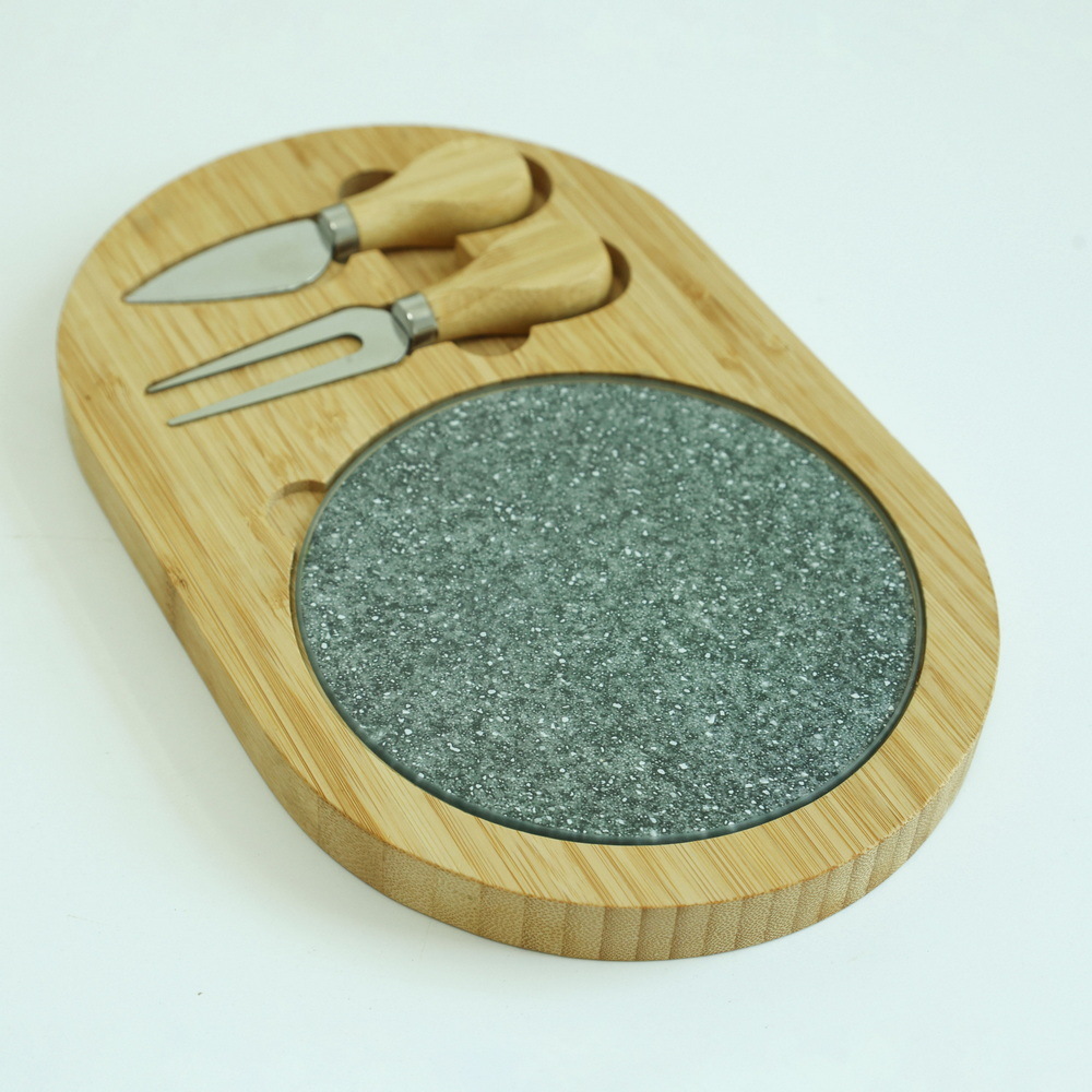 Oval Shape 3 Piece Bamboo Cheese Cutting Board with Inner Glass Board