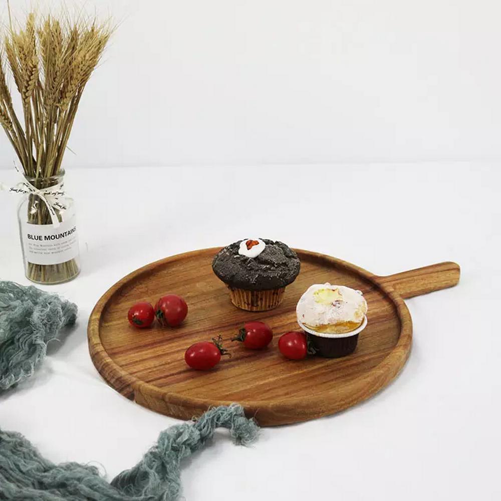 Custom Logo Round Shape Acacia Wood Serving Plate Serving Tray with Handle for Food Snack Dry Fruit
