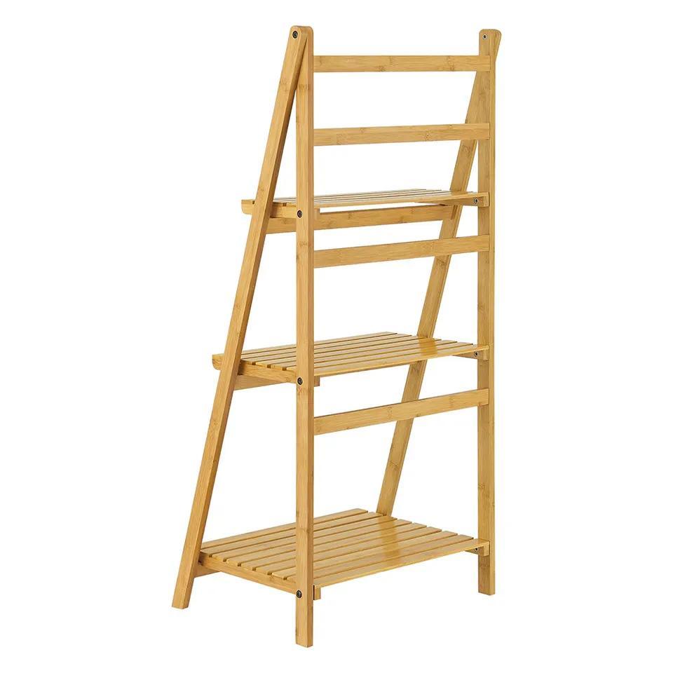 Free Standing 3 Layers Bamboo Wooden Ladder Storage Rack Organizer Display Shelf for Kitchen Bathroom Office