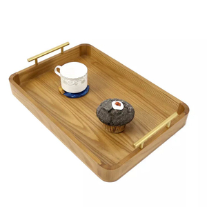 Custom Ash Wooden Serving Tray with Metal Handles for Breakfast Coffee Food Cake