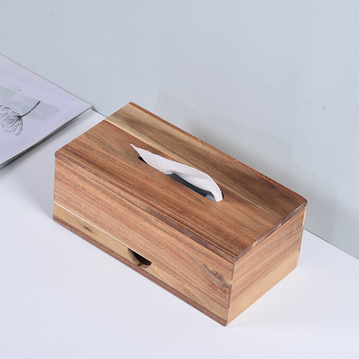 Decorative and Multipurpose Bamboo Tissue Box Wood Tissue Box with Drawer