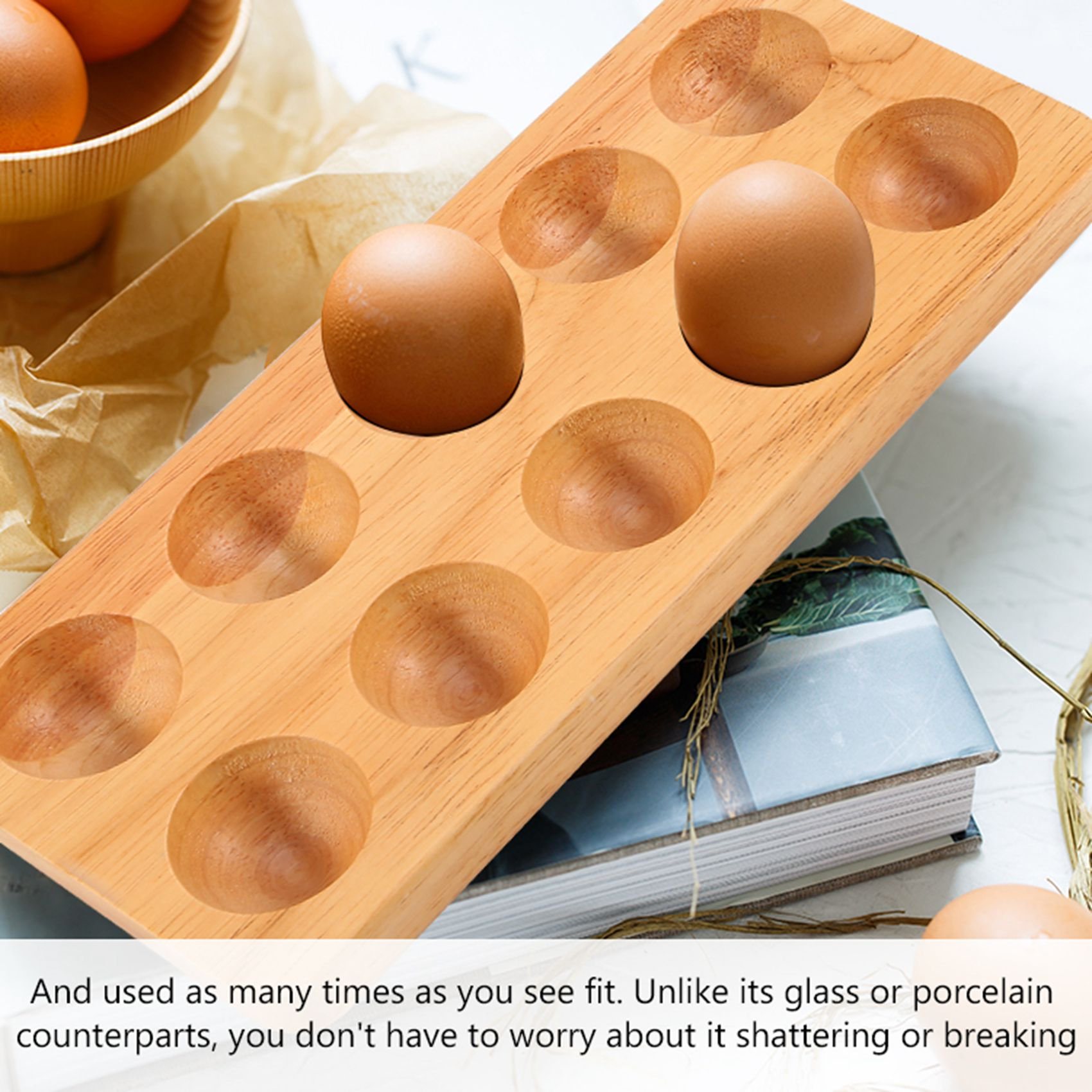 10 Holes Egg Tray Wooden Egg Holder for Eggs Usable in Kitchen Refrigerator