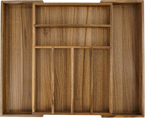 Adjustable and Expandable Acacia Wood Cutlery Tray Cutlery Drawer Organizer